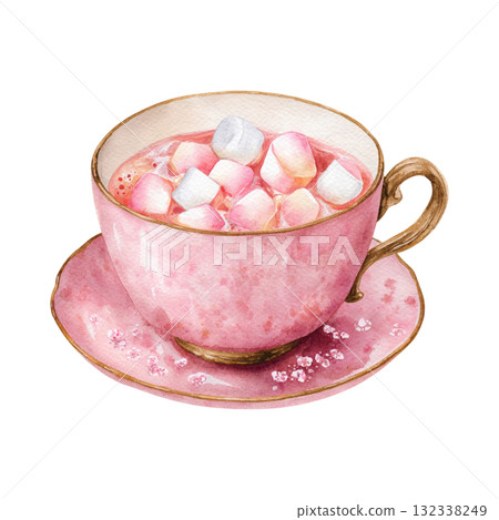 粉紅杯子，裡面有熱可可和棉花糖 132338249