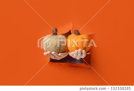 Hand holding soft wool pumpkin with golden stem through torn orange paper background. 132338285