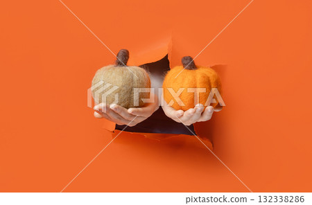 Hand holding soft wool pumpkin with golden stem through torn orange paper background. 132338286