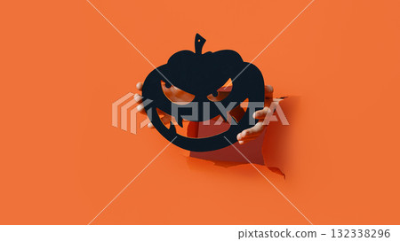 Two hands holding an angry carved pumpkin face mask made from orange paper, emerging from the background. 132338296