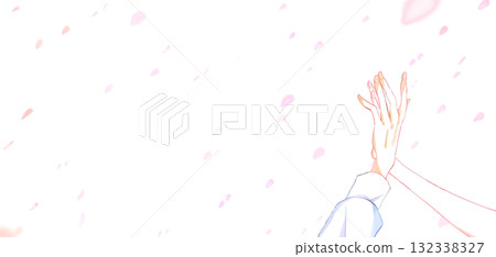 Intertwining hands of a man and a woman, cherry blossom petals falling 132338327