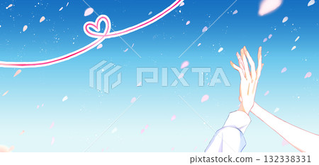 Intertwining hands of a man and a woman, cherry blossom petals, red thread 132338331