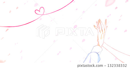 Intertwining hands of a man and a woman, cherry blossom petals, red thread Intertwining hands of a man and a woman, cherry blossom petals, red thread 132338332
