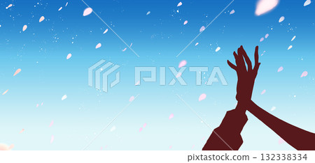 Silhouette of overlapping male and female hands, cherry blossom blizzard Silhouette of overlapping male and female hands, cherry blossom blizzard 132338334
