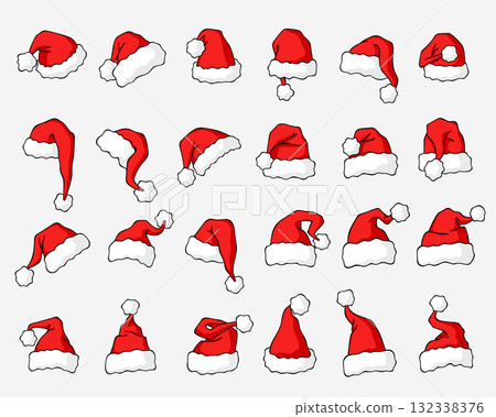 Santa Claus hats vector set with smooth white trim, classic red Christmas caps collection 132338376
