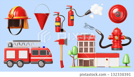 Firefighter emergency rescue equipment 3d set. Fire station building, fire truck, helmet, foam extinguisher, red alarm bell, hydrant spraying water, axe. Isolated cartoon render icons. 3D illustration 132338391