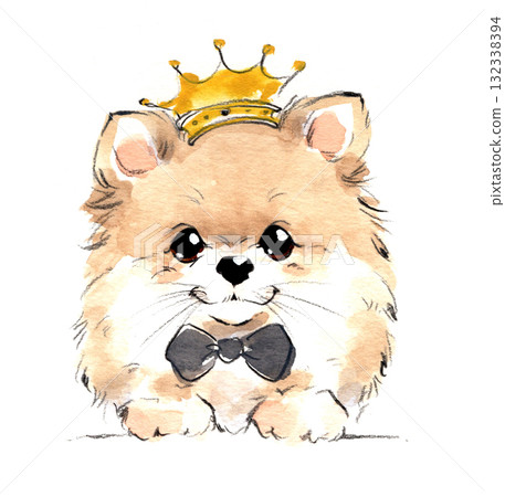 Watercolor illustration of a puppy wearing a crown Watercolor illustration of a puppy wearing a crown 132338394