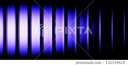 Ribbed fractal glass gradient texture with pulse neon violet blue glow on black 3d background. Futuristic wallpaper with vertical stripe pattern and wave light effect, vibrant design. 3D illustration Ribbed fractal glass gradient texture with pulse neon violet blue glow on black 3d background. Futuristic wallpaper with vertical stripe pattern and wave light effect, vibrant design. 3D illustration 132338429