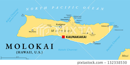 Molokai, Hawaii, political map with largest town Kaunakakai. Part of the Hawaiian Islands and 5th-largest island of the state of Hawaii, United States, in the North Pacific Ocean. Illustration. Vector Molokai, Hawaii, political map with largest town Kaunakakai. Part of the Hawaiian Islands and 5th-largest island of the state of Hawaii, United States, in the North Pacific Ocean. Illustration. Vector 132338530