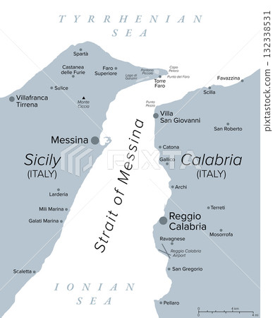Strait of Messina, Southern Italy, gray political map. Narrow strait between eastern tip of Sicily at Punta del Faro, and western tip of Calabria at Punta Pezzo, connecting Tyrrhenian with Ionian Sea. Strait of Messina, Southern Italy, gray political map. Narrow strait between eastern tip of Sicily at Punta del Faro, and western tip of Calabria at Punta Pezzo, connecting Tyrrhenian with Ionian Sea. 132338531
