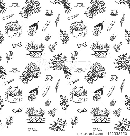 Seamless pattern with cat in box and flowers for florist shop decor Seamless pattern with cat in box and flowers for florist shop decor 132338550