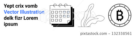 Calendar with multiple pages, leafy plant in minimalist style, Bitcoin symbol in a coin outline. Ideal for scheduling, nature themes, cryptocurrency content, digital finance, modern designs Calendar with multiple pages, leafy plant in minimalist style, Bitcoin symbol in a coin outline. Ideal for scheduling, nature themes, cryptocurrency content, digital finance, modern designs 132338561