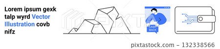 Three abstract mountain shapes, man holding a cashback sign, and a digital wallet icon. Ideal for finance, technology, marketing, presentations, websites, apps, print materials, education. Landing Three abstract mountain shapes, man holding a cashback sign, and a digital wallet icon. Ideal for finance, technology, marketing, presentations, websites, apps, print materials, education. Landing 132338566