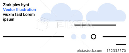 Minimalist design featuring light blue clouds, horizontal black lines, circular shapes, and editable placeholder text. Ideal for modern design, simplicity, clean layouts, creative projects, website 132338570