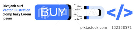 BUY call-to-action button, magnet attracting it, coding symbols. Ideal for e-commerce, marketing, web design, code learning, UIUX, customer engagement, development. Landing page 132338571
