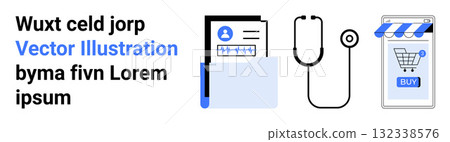 Medical documents in a folder, stethoscope outline, and smartphone with an online shopping cart and Buy text. Ideal for healthcare, medical records, telemedicine, e-commerce, online shopping, digital Medical documents in a folder, stethoscope outline, and smartphone with an online shopping cart and Buy text. Ideal for healthcare, medical records, telemedicine, e-commerce, online shopping, digital 132338576