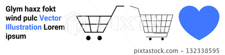 Shopping carts in different styles stand beside a large blue heart symbol. Ideal for e-commerce, online shopping, retail promotions, customer loyalty programs, love for shopping, marketing, and web 132338595