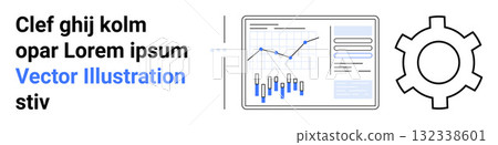 Business dashboard with charts, graphs, and gear shape for analytics and data visualization. Ideal for technology, business, data analysis, software, statistics, information management, and landing 132338601