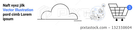 Shopping cart with notification, cloud symbol and text. Ideal for e-commerce, online shopping, cloud services, digital marketing, technology, web development, retail business. Landing page 132338604
