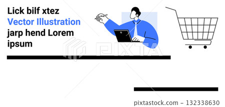 Businessman working on laptop with shopping cart in background Ideal for e-commerce online, shopping digital marketing business strategy and technology Banner for landing page 132338630