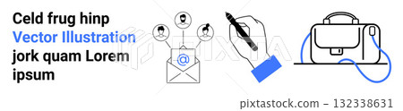 Professional email with user avatars, hand writing with pen, and business bag. Ideal for business communication, networking, email marketing, education, presentations, business websites, and social 132338631