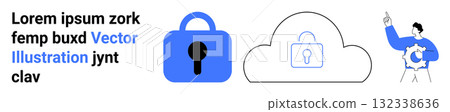 Placeholder text with Vector Illustration phrase, three icons padlock, cloud with padlock, man pointing at cloud. Ideal for cybersecurity, data protection, cloud storage, IT services, tech blogs 132338636