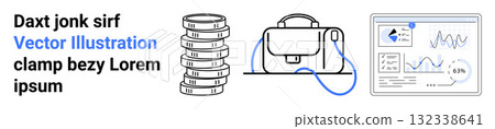 Briefcase, stacked coins, data charts. Ideal for business presentations, finance blogs, marketing plans, educational material, infographics, website design, business cards Landing page 132338641