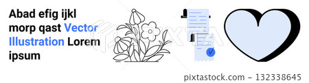 Text block with random words, flower sketch, checklist document, and heart shape. Ideal for websites, education, print media, infographics, presentations, love-themed projects, social media posts Text block with random words, flower sketch, checklist document, and heart shape. Ideal for websites, education, print media, infographics, presentations, love-themed projects, social media posts 132338645