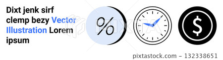 Percentage symbol, clock, dollar sign presenting financial planning, scheduling, and budgeting. Ideal for business planning, finances, time management, budgeting strategies, economic presentations Percentage symbol, clock, dollar sign presenting financial planning, scheduling, and budgeting. Ideal for business planning, finances, time management, budgeting strategies, economic presentations 132338651