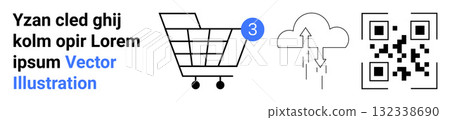 Shopping cart with notification badge, cloud with upload arrows, and QR code for modern e-commerce. Ideal for online shopping, cloud services, QR technology, marketing, notifications, retail, digital 132338690