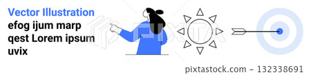 Woman with ponytail and blue shirt points toward sun icon, next to bullseye target with arrow. Ideal for goal setting, success, direction, focus, achievements, target audience, business strategies Woman with ponytail and blue shirt points toward sun icon, next to bullseye target with arrow. Ideal for goal setting, success, direction, focus, achievements, target audience, business strategies 132338691
