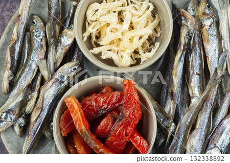 Dried salted fish, delicious snack for beer. Dried salted fish, delicious snack for beer. 132338892