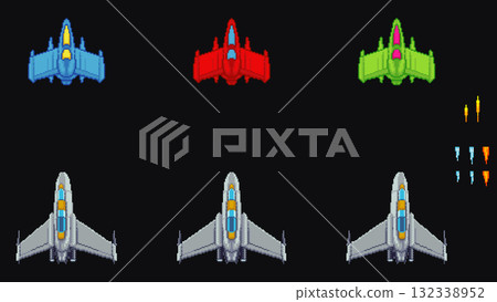 Pixel art vector set of colorful spaceships with tilt poses, shots, and thruster animations. Pixel art vector set of colorful spaceships with tilt poses, shots, and thruster animations. 132338952
