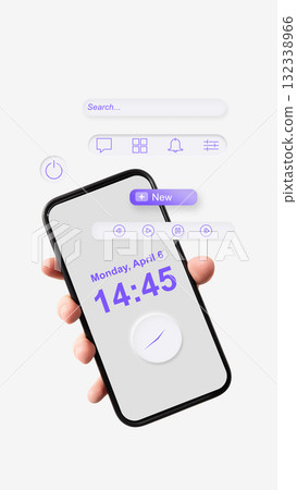 Graphic composition. Smartphone with purple interface displaying digital clock and voice control icons 132338966