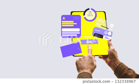 Collage template. Person using tablet with colorful data windows and analytics dashboard elements 132338967