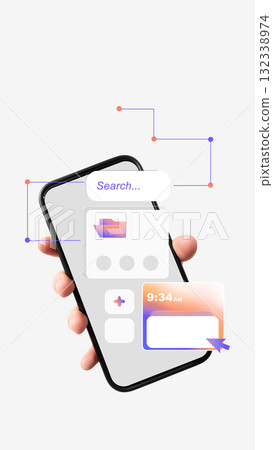 Minimalist collage. Hand holding smartphone with floating interface icons and data network connections Minimalist collage. Hand holding smartphone with floating interface icons and data network connections 132338974