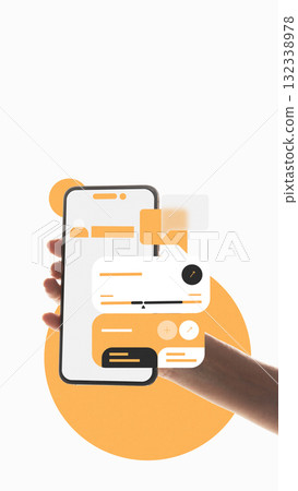 Graphic design. Hand holding smartphone with orange floating UI cards for task management app Graphic design. Hand holding smartphone with orange floating UI cards for task management app 132338978