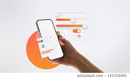 Bright collage. Smartphone with orange floating UI controls symbolizing data management dashboard Bright collage. Smartphone with orange floating UI controls symbolizing data management dashboard 132338991