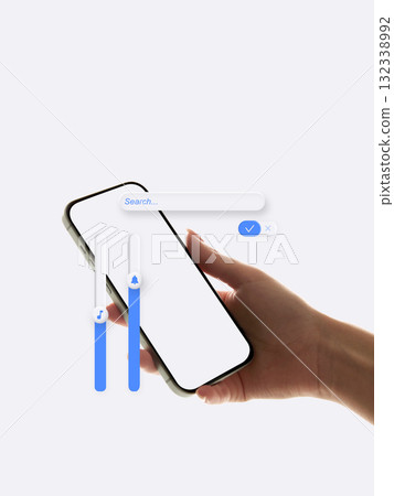 Graphic composition. Hand holding smartphone with blue sliders and search bar representing control panel 132338992