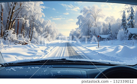AI-generated image of a winter road seen from inside a car with frozen windows 132339012