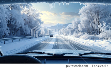 AI-generated image of a winter road seen from inside a car with frozen windows AI-generated image of a winter road seen from inside a car with frozen windows 132339013