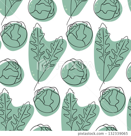 Arugula Leaves and Brussels Sprouts on Decorative Spots with dots Seamless Pattern Healthy Backdrop Arugula Leaves and Brussels Sprouts on Decorative Spots with dots Seamless Pattern Healthy Backdrop 132339065