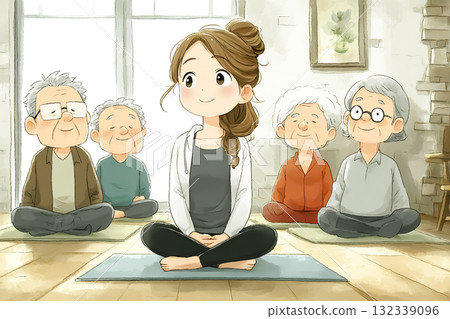 Miyu系列:一位年輕女子在養老院為老人教授瑜伽 Miyu系列:一位年輕女子在養老院為老人教授瑜伽 132339096