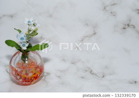 Blue star in a warm-colored transparent glass vase (positioned on the left) 132339170