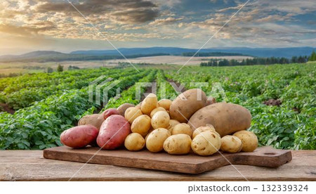 harvest of potatoes in a wooden box 132339324