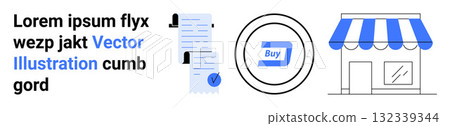 Documents with checkmarks, a shopping icon, and a storefront. Ideal for e-commerce, online shopping, business websites, transaction visuals, retail marketing, financial services, store promotions Documents with checkmarks, a shopping icon, and a storefront. Ideal for e-commerce, online shopping, business websites, transaction visuals, retail marketing, financial services, store promotions 132339344
