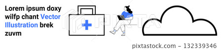 Medical kit with cross, seated woman with laptop, and cloud outline in simplified design. Ideal for health, technology, remote work, cloud computing, modern design, simplicity, business. Landing page 132339346