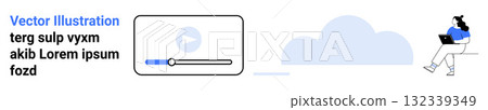 Video player interface with a play button and progress bar, person sitting with a laptop, stylized cloud in the background. Ideal for e-learning, online courses, virtual meetings, education, remote Video player interface with a play button and progress bar, person sitting with a laptop, stylized cloud in the background. Ideal for e-learning, online courses, virtual meetings, education, remote 132339349