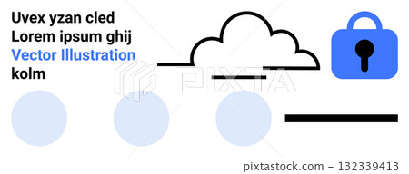 Abstract cloud and padlock design representing data security. Text, cloud, lock, and various graphic elements. Ideal for cybersecurity, data privacy, tech services, online security, web apps, digital 132339413