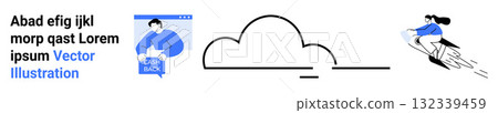 Man holding speech bubble, cloud symbol, woman on rocket. Ideal for technology websites, startup presentations, digital marketing, online education, software development, cloud services, landing page 132339459